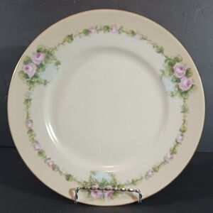 Antique HAND PAINTED SIGNED SALAD PLATE Yellow Green Pink Roses Limoges France